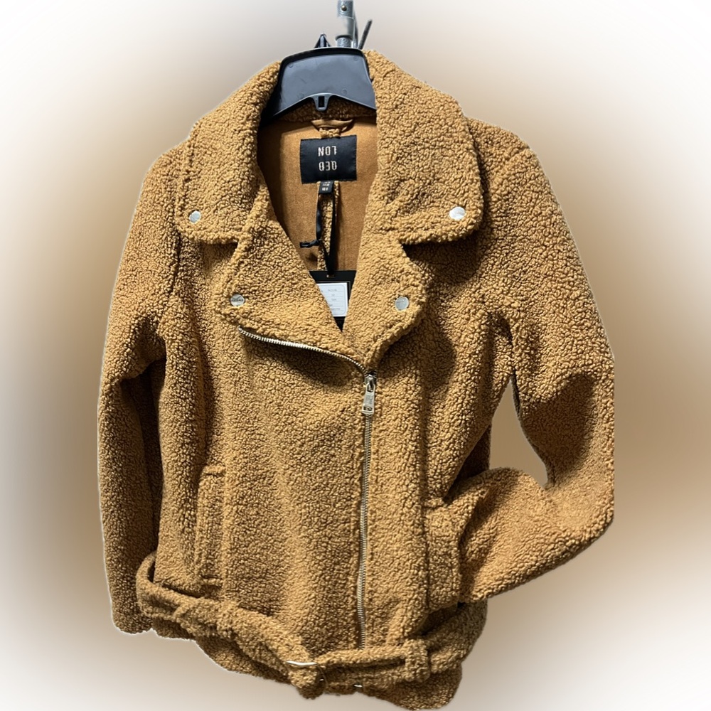 QED London Brown Sherpa Fleece Moto Belted Teddy Jacket